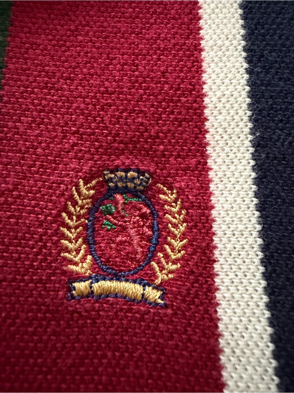 Vintage Tommy Hilfiger Vertical Stripe Polo in Navy, Green & Burgundy - Picture 5 of 8